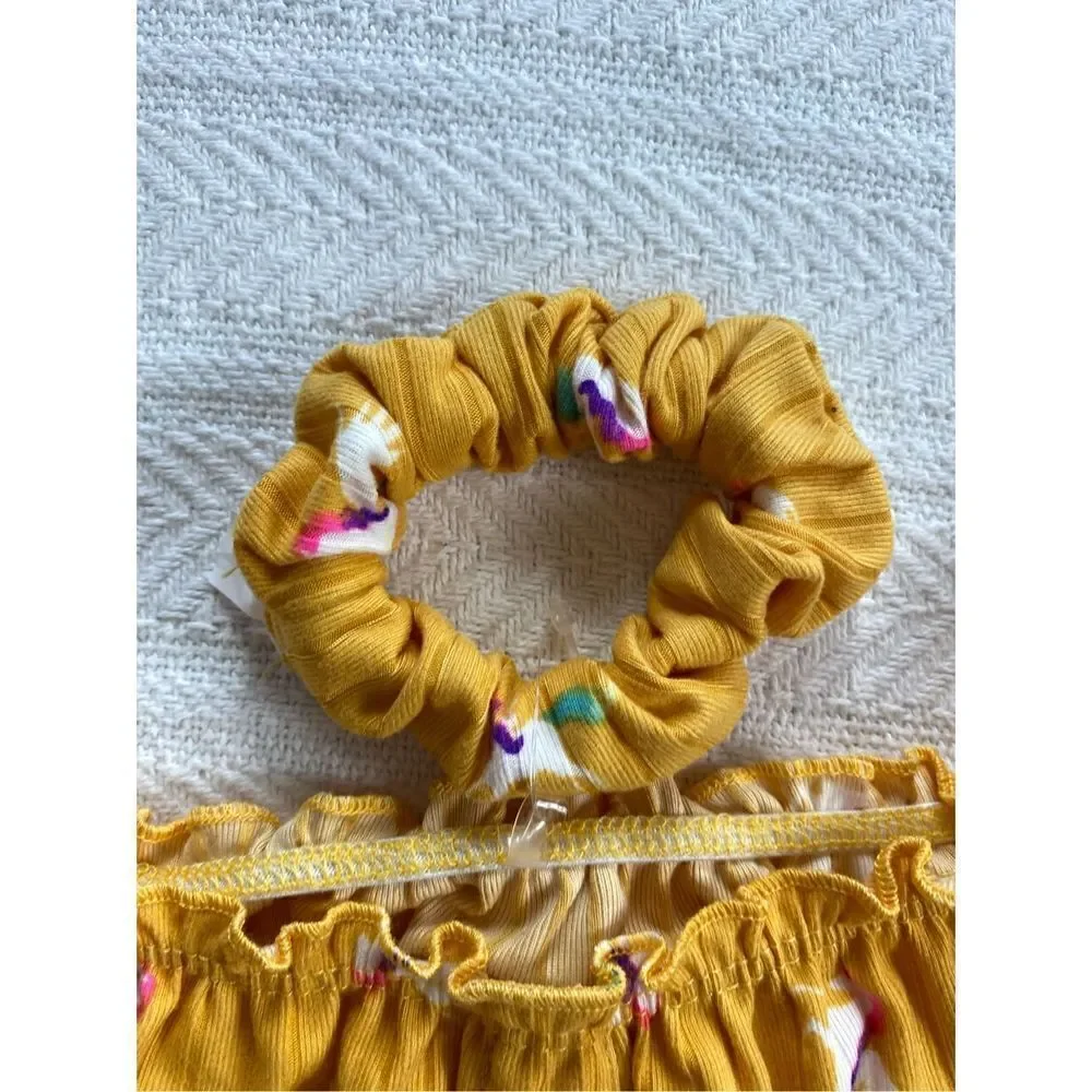 ONE STEP UP Girl’s Small (4) Mustard/Unicorn Top with Matching Scrunchie